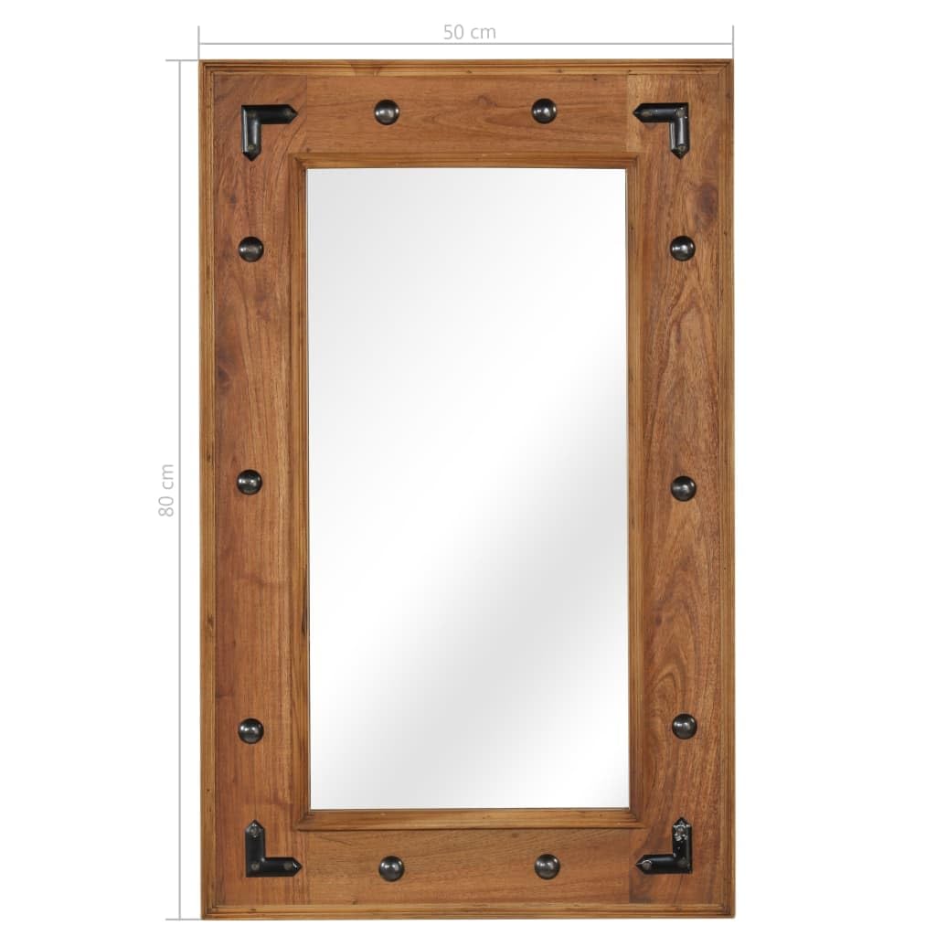 Lustro ścienne z litego drewna akacjowego, 50 x 80 cm, z elementami dekoracyjnymi, do salonu i łazienki, polerowane, lakierowane, trwałe