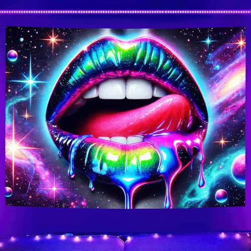 Image of BlissYard Blacklight Tapestry UV Reactive Tapestry Wall Hanging 78x59 Inches Cosmic Rainbow Lips Wall Hanging, Fluorescent Art Decoration for Bedroom, Living Room, and Parties
