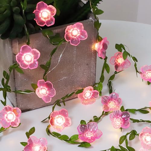 Cherry Blossom Decor Flower String Lights Vines with Fairy Lights Christmas, 30 LED Copper with Remote Control Battery Operated Pink Flower Garland...