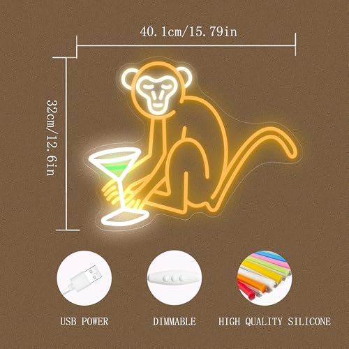 Image of Monkey Cocktail Neon Sign, Bar Light Up Signs 15.79x12.6inches, Dimmable USB Powered, Safe and Energy Saving LED Signs for Home Bar Bedroom Men Cave Birthday Party Decor