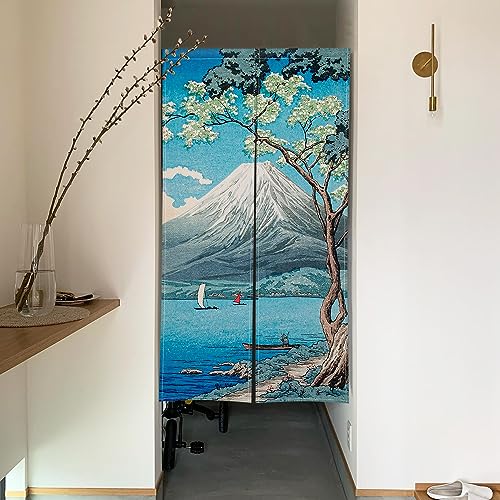 のれん Qinunipoto 和風 富士山 浮世絵 和柄 暖簾 シンプル風 幅72cm丈120cm インテリア 出入り口 目隠し おしゃれ すだれ 遮光 部屋 間仕切りカーテン 門カーテン ポリエステル製 オーダー可 簡単取付 四季兼用