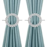 Mewutal 2 Pack Silver Curtain Tiebacks Round Curtain Holdbacks Plastic Curtain Clips Buckle Drapery Holdbacks Crystal Drapery Tiebacks for Home Window Decoration, with Fixing Rod (20 Crystals, Silver)