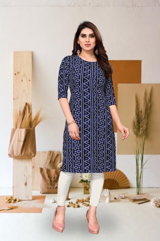 Image of JAKHANA Women's Crepe Printed Casual Straight Calf Length Round Nick Kurta Pack of 4