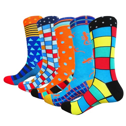 HIWEAR Mens Socks- Colorful Funky Novelty Design Rich Cotton Mens Comfort Dress Calf Socks Multipack (UK Alpha One Size Regular Regular Multicolor -5P)