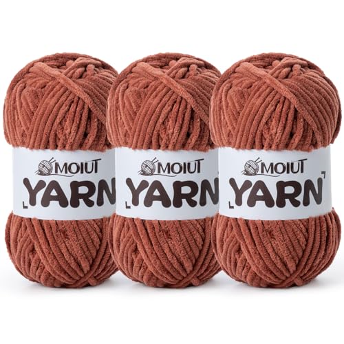 Image of 3 Pack Fluffy Chenille Yarn for Crocheting, Chunky Velvet Yarn for Crochet Amigurumi, Baby Yarn for Crocheting Soft Blanket, 262.4yds /10.5 oz Bulky Yarns for Crafts /Hats /Shoes /Socks (3 Rust)