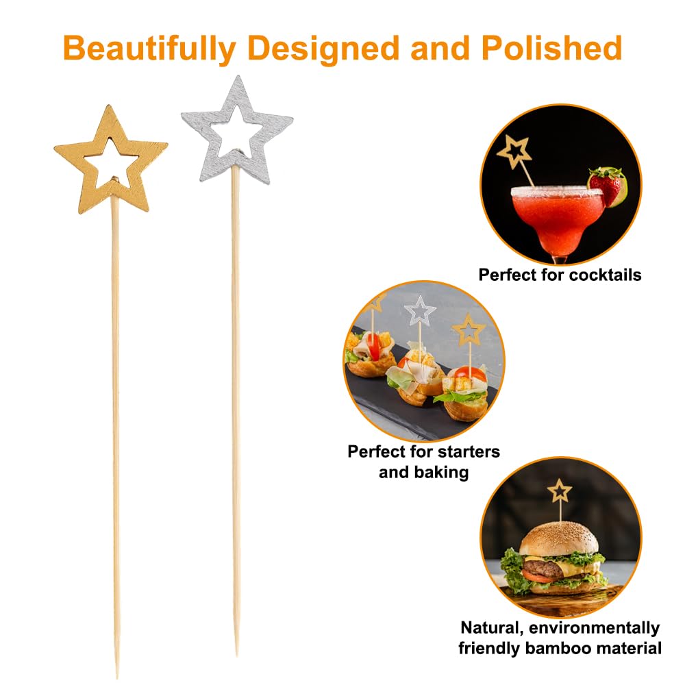 100 Stück Cocktailspieße Gold & Silber - Bambus Spieße Mit Stern Design 13,5cm Für Party Fingerfood
