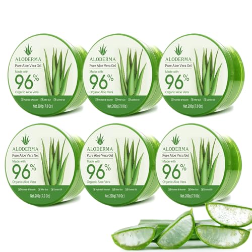 Aloderma Aloe Vera Gel Made within 12 Hours of Harvest with 96% Pure Organic Aloe Vera for Skin, Scalp, &amp; Hair, Soothing Aloe Face Moisturizer, Multipurpose, Hydrating Aloe Gel, 7oz, 6-Pack