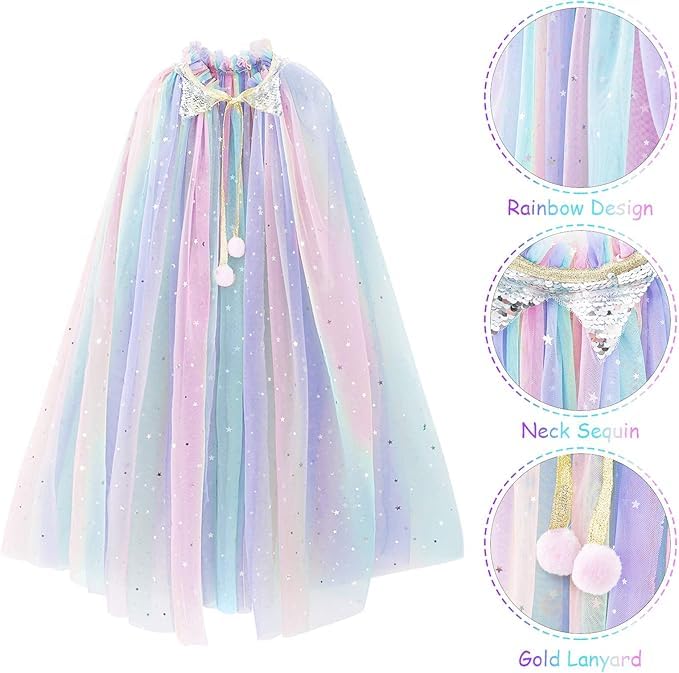 Image of Princess Cape for Girls - Colorful Sequin Cloak with Crown and Wand for Birthday, Halloween, Fancy Dress & Carnival