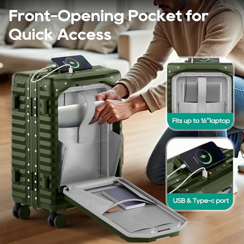 Image of Joyway 20 Inch Carry on Luggage with Aluminium Frame and Front Pocket, PC Hardshell Suitcase with USB Port and Cup Holder, 21.5x14.2x9 Airline Approved Luggage with Spinner Wheel, TSA Lock(Dark Green)