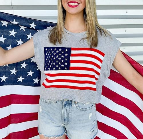 Image of Womens American Flag Sweater Cap Sleeve Summer Crop Tops Crew Neck Loose Fit Knit Sweater Pullover Top