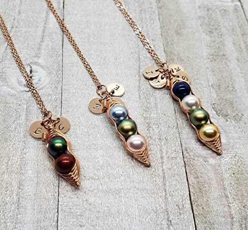 Rose Gold Personalized Peas in a Pod Necklace with Initials, 1, 2, 3, 4 Peas in a Pod Necklace with Initials, Swarovski Birthstone Pearl Peas in a Pod Necklace