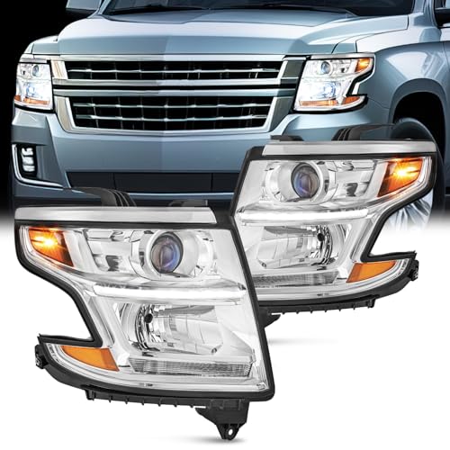 Image of Nilight Headlight Assembly Compatible with 2015 2016 2017 2018 2019 2020 Chevy Tahoe Suburban Chrome Housing Amber Reflector Clear Lens Replacement Headlamp Driver and Passenger Side | For Tahoe /Suburban 2015 2016 2017 2018 2019 2020 Chrome Housing Amber Reflector Headlight Replacement Driver & Passenger Side