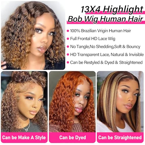 Image of SOEZ 12 Inch Highlight Ombre Bob Wig Human Hair 13x4 Deep Wave Lace Front Wigs Human Hair Honey Blonde Short Curly Bob Wig 4 /27 Water Wave Human Hair Wig 180% Density Wet Wavy Colored Wig for Women