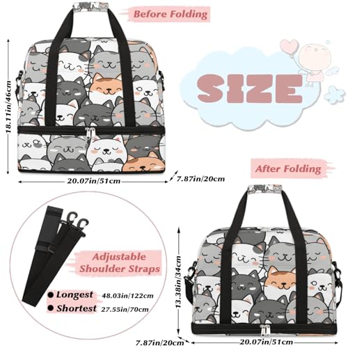 Travel Duffel Bags Cartoon Cat Foldable Weekender Bags for Women with Shoes Compartment Waterproof & Tear Resistant Carry on Overnight Luggage Duffel Bag Shoulder Sports Tote Bag2