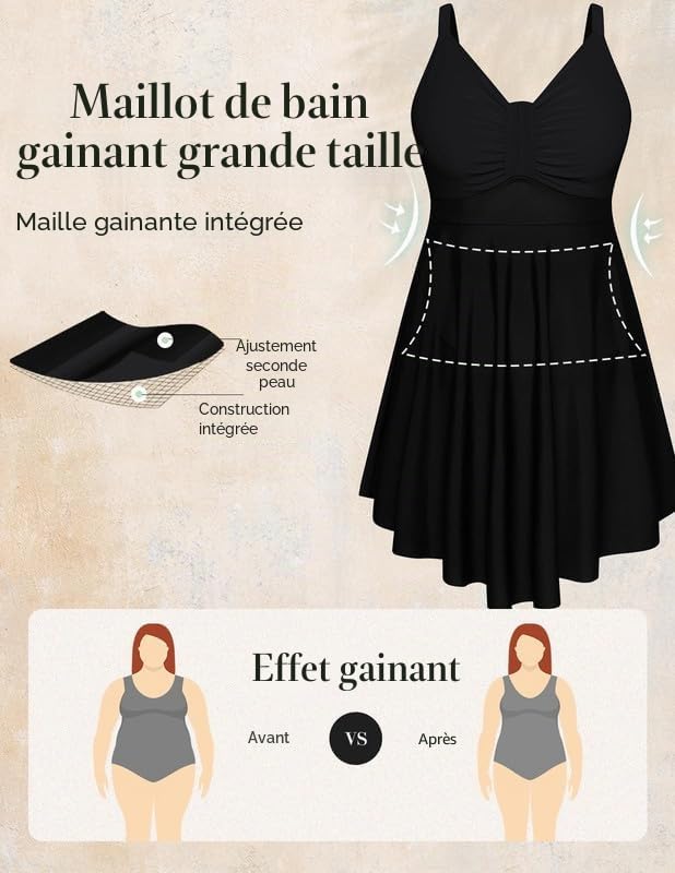 Hanna Nikole Robe de bain une pièce pour femme, grande taille, maillot de bain gainant, maillot de bain à volants, mode de plage doux avec short de bain et bandoulière réglable, Noir , 54 grande