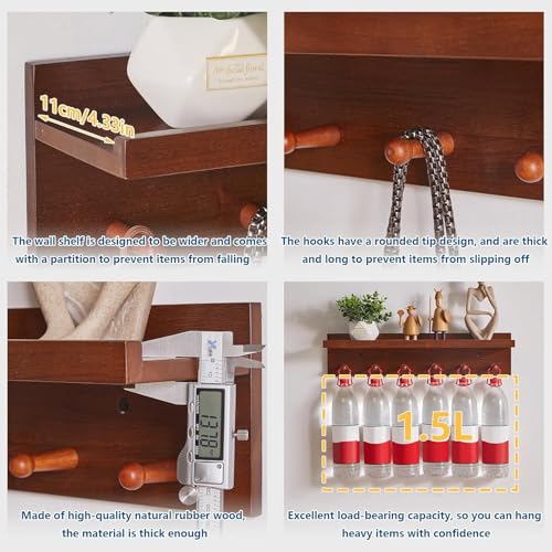 Aibiju Perchero Pared Madera, Gancho de pared con Estante, Ganchos de pared de Madera de 60 cm con Almacenamiento, para Entrada, Baño, Cocina, color Nogal YD-WS0260H - imagen 4