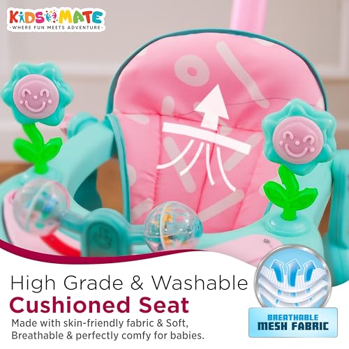 Image of Kidsmate Musical Walker for Kids for 6 to 18 Months | Walker for Babies with Rattles, Lights & Push Handle | Adjustable Height, 360 Rotating Wheels | Foldable Baby Walker for Boys & Girls - Pink