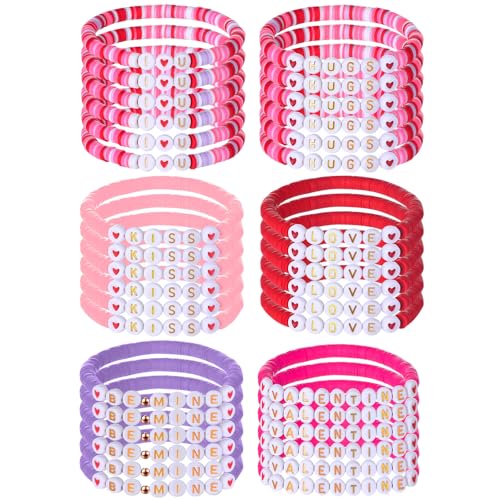 Huquary 36/72 Pcs Valentine Day Bracelets Gift Bulk Hugs Kiss Galentine Polymer Clay Bracelets Pink Sleepover Party Favor(36 Pcs)