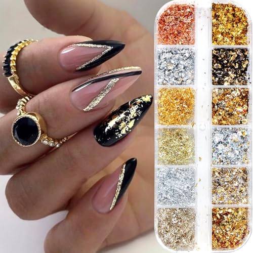 Yamobi Blattgold Nagel Pailletten Glitter 12 Boxen Nail Gold Folien Für Nägel Deko DIY Nagelkunst und Puder-Nagel-Glitzer DIY-Maniküre-Charms-Dekorationen