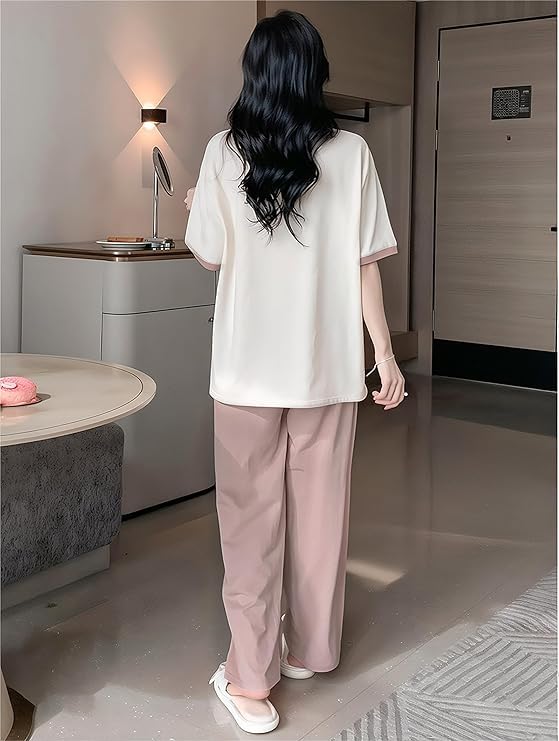 Image of KSHS Printed Round Neck Short Sleeve Nightsuit Set | Pajama Set | Casual Night Dress for Women