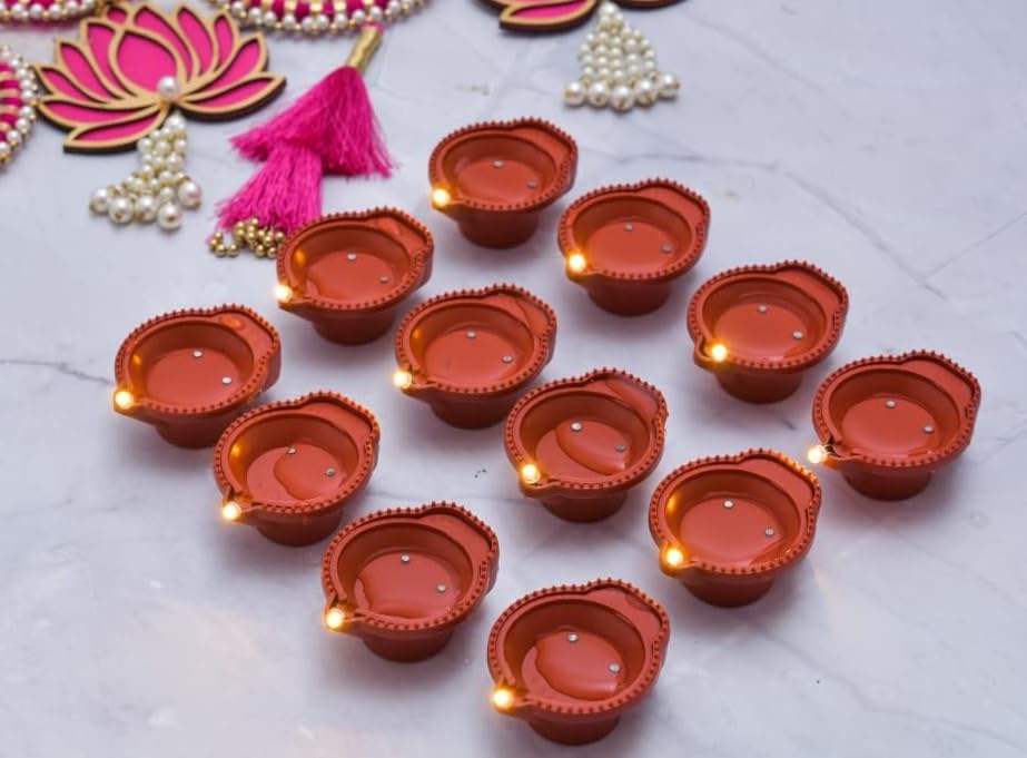 Kabkam Water Sensor Diya Set Water Sensor LED Diyas Decorative Lights E-Diya I Battery Operated (12 Pieces)