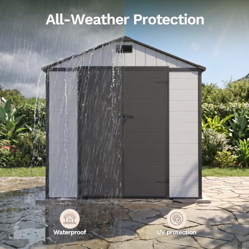 Image of Patiowell 8x8 FT Resin Outdoor Storage Shed with Floor, Large Plastic Clearance Sheds with Lockable Door, Garden Tool Shed with Window for Backyard, Patio Storage, Light Gray
