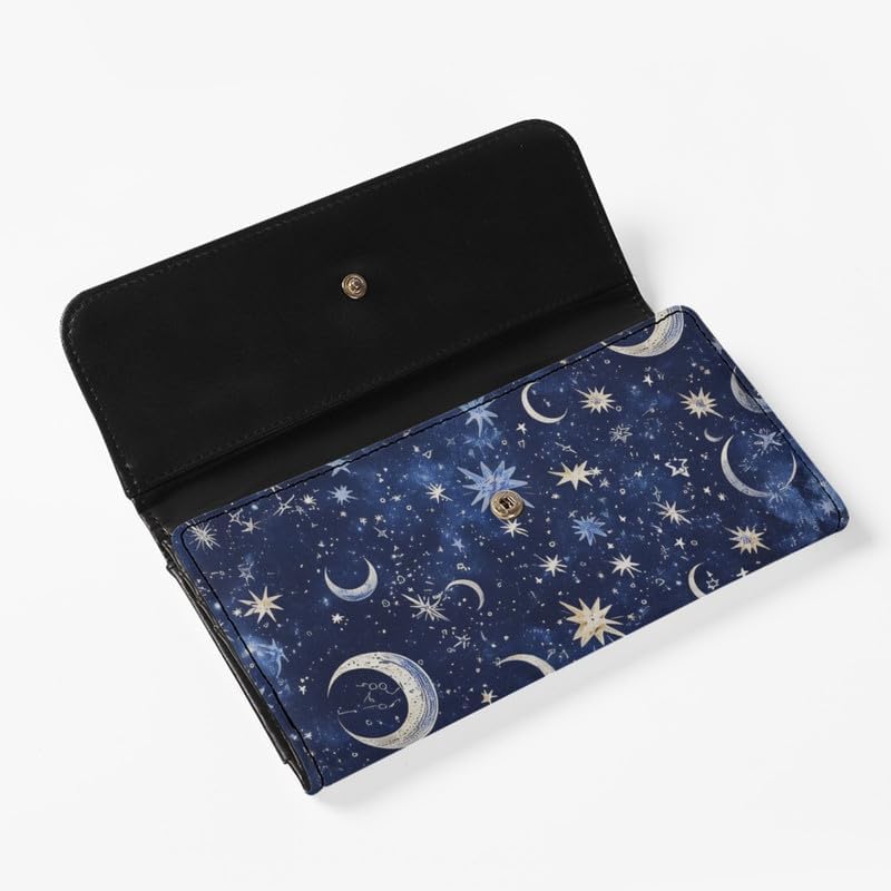 Celestial Moon Stars Long Wallets for Women Galaxy Blue PU Leather Billfold Wallets, Mystical Astrology Theme Slim Cards Holder Trifold Phone Clutch with ID Window - Image 4
