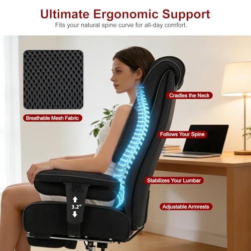 Image of EXCEBET Big and Tall Office Chair 400lbs Wide Seat, Leather High Back Executive Office Chair with Lumbar Support, Ergonomic Chairs Padded Armrests & Thick Cushion (Mesh Dark Black)