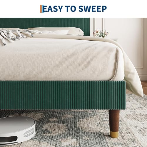 Image of Upholstered Platform Bed Frame with Corduroy Headboard, Sturdy Metal Frame & Wooden Slats, 800lbs Weight Capacity, Noise-Free, No Box Spring Needed, Easy Assembly, Under-Bed Storage, Twin Dark Green