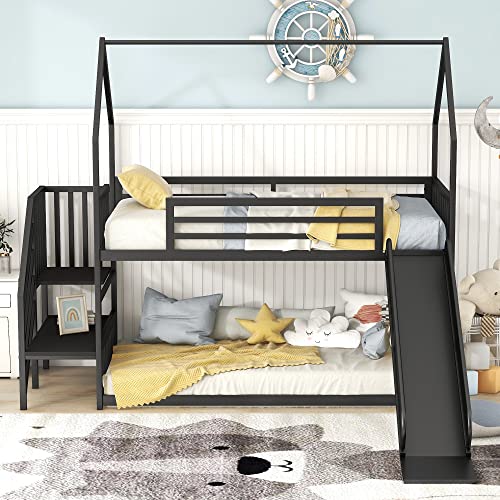 Merax House Bunk Bed, Metal Twin Over Twin Bunk Bed with Slide and Storage Staircase, Metal House Bed with Slide, No Box Spring Needed, Black