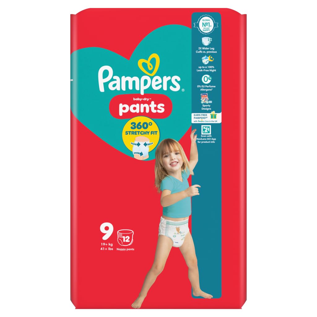Pampers Baby-Dry Nappy Pants Size 9, 12 Nappies, 19kg+, Carry Pack