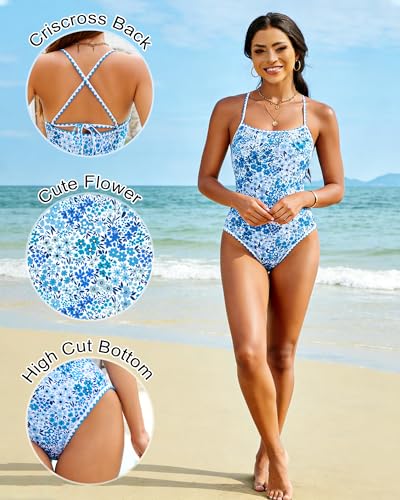 Image of Jolefille Womens One Piece Swimsuit Tummy Control Modest Bathing Suit Teen Girls Swim Suit Cute Floral Swimwear