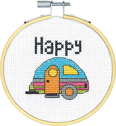 Dimensions Mini Counted Cross Stitch Kit for Beginners, 'Happy Camper', 14 Count White Aida Cloth, 4'', 10cm