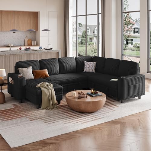 Image of LINSY HOME Sectional Sleeper Sofa with Pull Out Couch Bed - Convertible Plush Corduroy Cloud Couch with Storage Chaise & USB Charging, Comfy Modular Couches for Living Room, Black