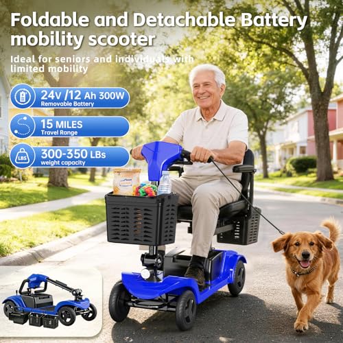 Image of Mobility Scooter,Folding Motorized Scooter,300 lbs Capacity, Equipped with 300W Motor,Removable Battery,Dual Baskets,15 Miles Travel,Suitable for All Terrains (Blue)