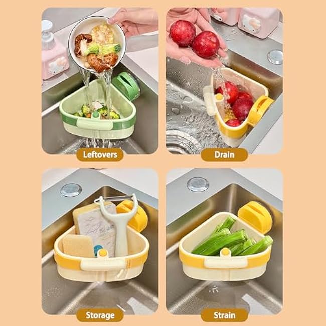 Cureaway Suction Cup Sink Corner Rack, Triangular Hanging Storage Rack with Drain Hole and fine mesh, Sink Trash Catcher and Sponge Holder for Kitchen, Bathroom, Laundry and Home Sinks (1 Pc A)