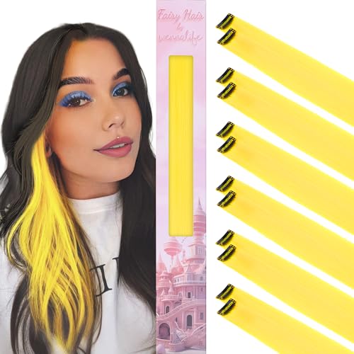 Image of WENNALIFE 12 PCS Yellow Hair Extensions Clip in, Colored Clip in Hair Extensions for Kids Highlights Rainbow Hair Clips for Girls Synthetic Straight Pop-up Style Colorful Girls Hair Accessories