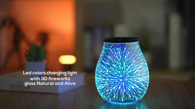 Inrorans 3D Glass Electric Wax Melt Warmer Oil Burner with Stable Heating PTC Reusable Silicone Tray 7 Colorful Changing Led Light Night Light Scent Warmer for Home Fragrance Warmers(3D Firework)…