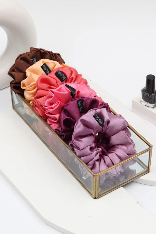 Image of Premium Satin Scrunchies for Women | Hair Bands, Ponytail Holders & Rubber Bands | Large, Fluffy, No-Damage Hair Ties | Girls Hair Accessories | Large Size | Pack of 6