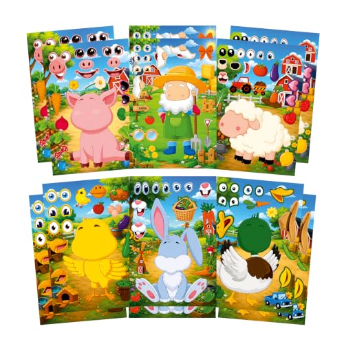 Image of CodersParadise Farm Animal Make-a-Face Sticker Activity Set, 12 Sticker Sheets, Pig, Sheep, Chick, Rabbit, Duck & Farmer Face Stickers, DIY Craft for Kids, Birthday Party Favors