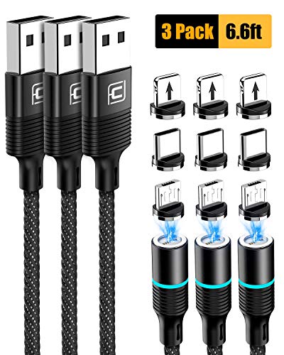 CAFELE Magnetic Charging Cable, 3Pack, 9 Adapters, 6.6ft QC3.0 Fast Charging Nylon Braided Cord, Support Data Trasfer, Universal Magnet Phone Charger Compatible with Micro-USB Type-C i0S Device Black