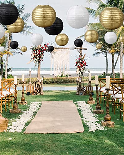 Image of VIJIV 15pcs /Lot Paper Lanterns for Wedding Party, 6 inch 8 inch 10 inch Mixed Size Decorative Round Chinese Lanterns Engagement Anniversary 21st Birthday Baby Shower Hanging Sky Decorations (Black,Gold,White)