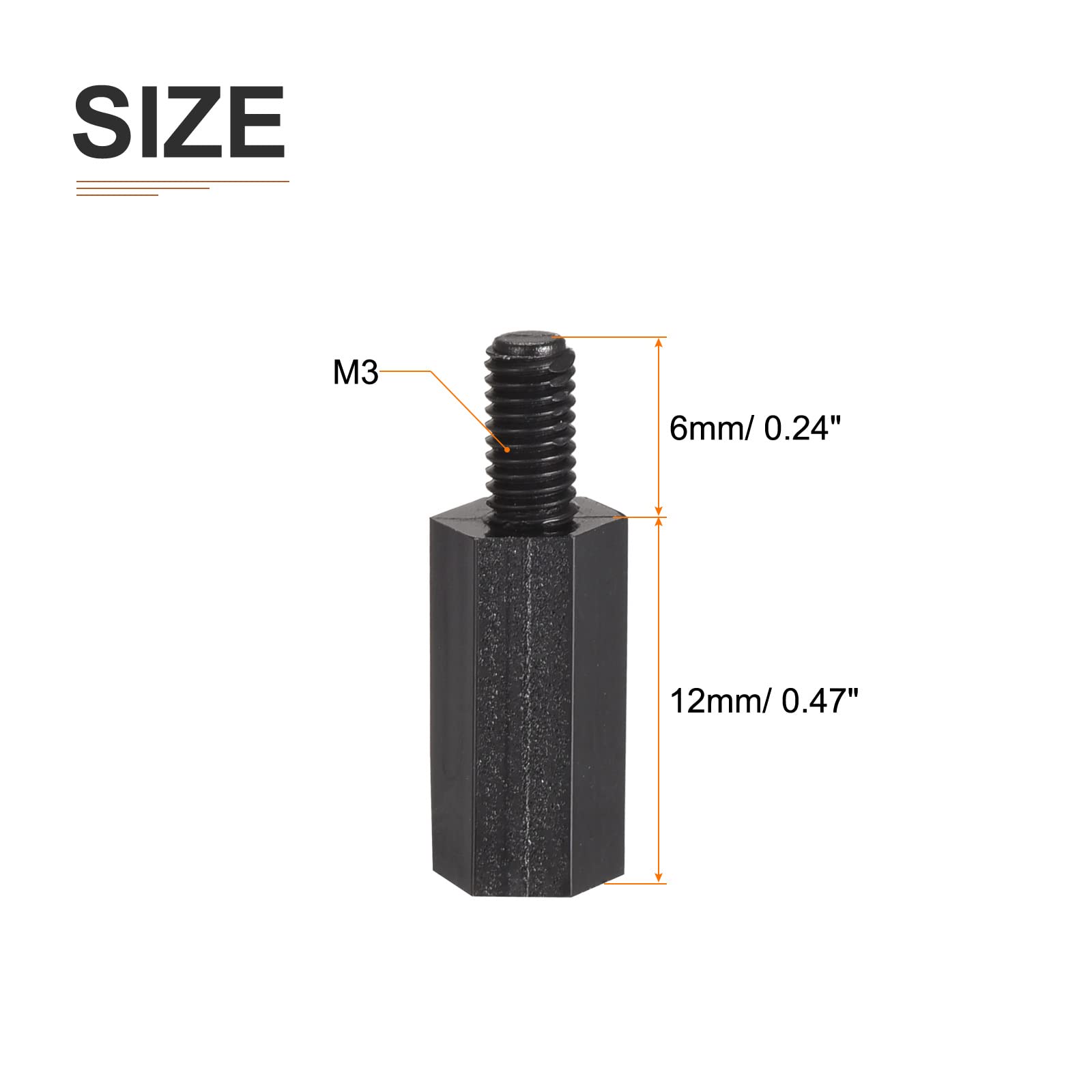 DTGN M3x12x6mm(DxHLxML) - Nylon Hex Standoff -100Pack- Good for Electronic Machine - Male to Female Spacer Screw Nuts - Black - Image 2