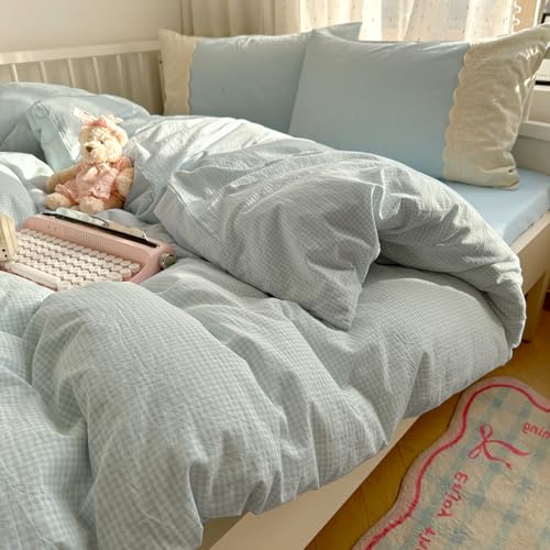 Image of VM VOUGEMARKET Blue Plaid Duvet Cover Set Queen Romantic Lace Duvet Cover with 2 Pillowcases Sky Blue Gingham Comforter Cover for Teen Girls