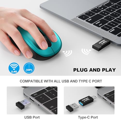 Image of WisFox 2.4G Wireless Mouse for Laptop, Ergonomic Computer Mouse with USB Receiver and Type-C Adapter, 3 Adjustable Levels, 6 Button Cordless Wireless Mice for Windows Mac PC Notebook (Green)