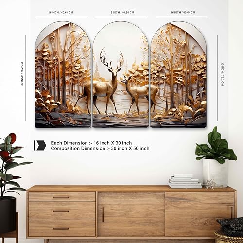 Image of Livin'luxe Golden Deer Couple Forest Arch Shape Wall Painting Set of 3 | Luxury 3D Textured Nature Art | MDF Panels for Living Room Bedroom Home Decoration (30 x 50 Inch) RPNL-35371