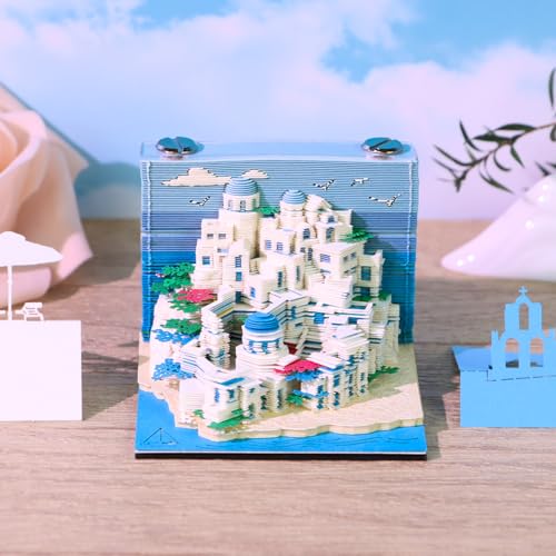 Tear Away 3D Memo Pad 2026 Creative Paper Sculpture Notes Non-Sticky Note Pad Cubes for Office/Home Paper Sculpture Creative Notepad for Christmas Gifts DIY Carving Gifts (Santorini)