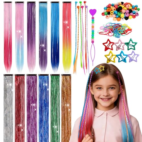 Kit Coiffure Fille: 6 Raide Extension Cheveux Clip, 6 Couleurs Hair Tinsel, 6 Tresses Cheveux Colorées pour Enfants,Élastiques et Accessoires Inclus