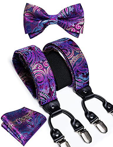 Image of DiBanGu Paisley Bow Tie and Supenders for Men Tuxedo Heavy Duty 6 Clips Suspender Adjustable Y-Shape Mens Trouser Braces