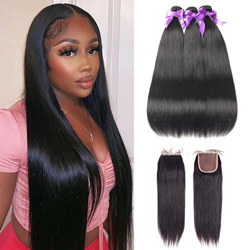 Crissel Straight Hair Bundles with Closure (22 24 26+20 Closure) 100% Brazilian Straight Virgin Hair 3 Bundles with Lace Closure Free Part Human Hair Extensions Natural Black Color